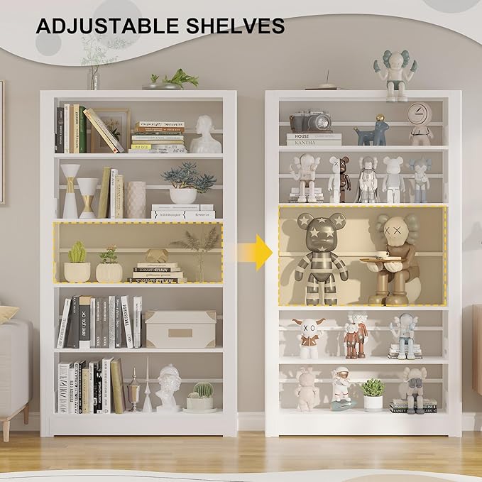 VASAAOSD White Bookshelf, 5 Tier Tall Bookshelf, Metal Bookshelves and Bookcases with Adjustable Shelves, Large Bookshelf Open Display Shelves with for Study, Office, Corner (69" H)