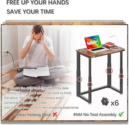 4NM No Tool Assembly 23.6" Small Desk, Folding Portable Desk with Wheels, Adjustable Height Foldable Computer Home Office Desks, Collapsible Study Writing Table for Space Saving Bedroom - Rustic Brown