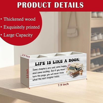 Inspirational Book Lover Gifts Pen Pencil Holder Organizer for Home Office Classroom Desk Accessories, Reader Gifts, Bookish Wood Signs for Reading Nook Corner Room Desk Tabletop Decor
