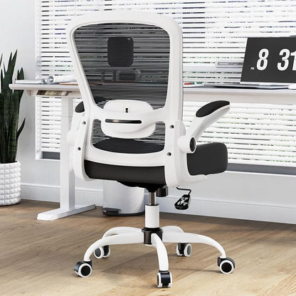 Mimoglad Ergonomic Office Chair - Desk Chair with Flip-up Armrests & 135° Recline, Adjustable Lumbar Support - Space-Saving Task Chair for Business/Team Office & Home (White Frame-Black, 350lbs)