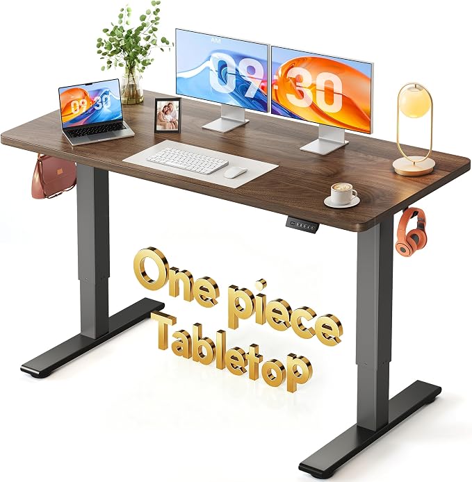 FEZIBO One-Piece Standing Desk, 55"x24" Seamless Tabletop Electric Height Adjustable for Home Office, Study Rooms & Multi-Device Workstations, Black Walnut