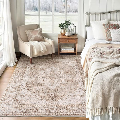 Lofus 5x7 Area Rugs for Living Room, Washable Area Rug, Rugs for Bedroom, Kitchen, Vintage Boho Carpet, Soft Non-Slip, Low Pile Large Area Rug for Office Dining Room, Vintage Beige Brown
