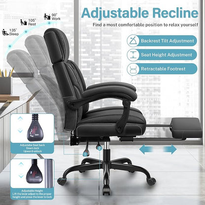 Executive Leather Office Chair, Big and Tall Office Chair with Footrest Home Office Desk Chairs, Ergonomic Computer Desk Chair with Lumbar Support, Reclining Desk Chair with Adjustable Angle