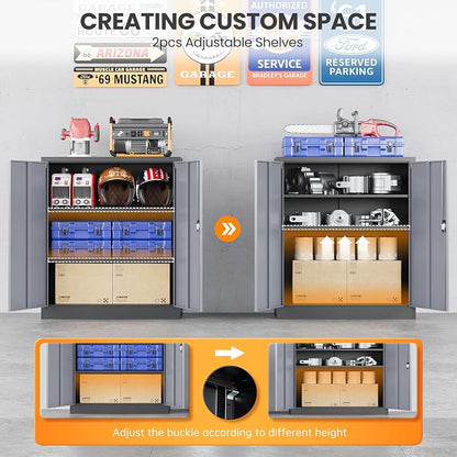 Metal Garage Storage Cabinets with Lock, 36" Tall Tool Cabinet with 2 Door and 2 Adjustable Shelves, Locking Garage Cabinets and Lockable Steel Locker for Home Office Warehouse-(Black Gray-36”H)