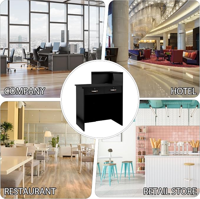 Small Reception Desk with Counter,Front Desk with Two Lockable Drawers,Cable Management Holes,Counter Table for Salon Lobby Office Home (Black, 17.7" D x 30.7" W x 39.3" H)