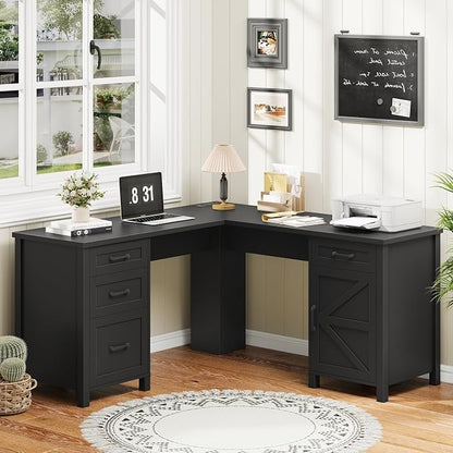 Vabches 59” L Shaped Executive Desk with Power Outlets, Farmhouse Home Office Desk with File Drawer,Storage Cabinet, Wood Corner Sturdy Writing Workstation.Black