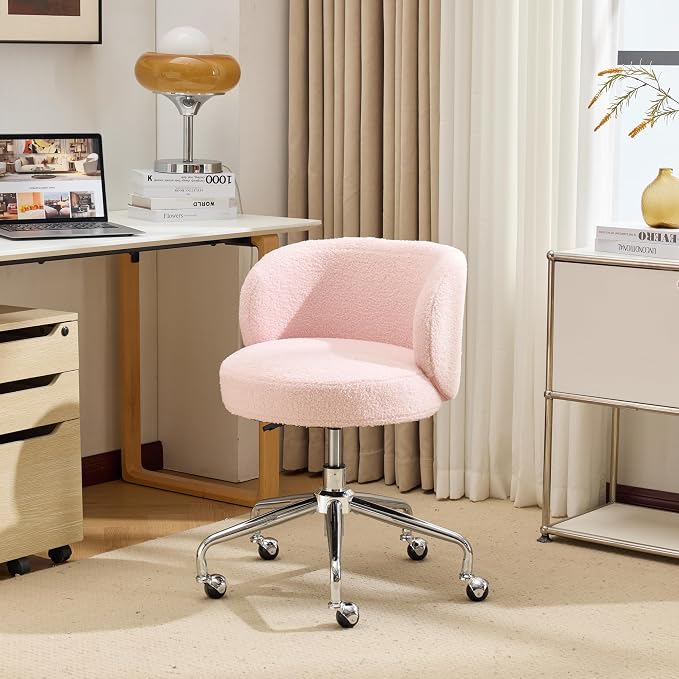VINGLI Cute Small Swivel Desk Chair Comfy with Wheels,Ergonomic Low-Back Lumbar Support Vanity Nail Tech Rolling Task Stool Girls Women Kids Chair for Home Office,Height Adjustable,Teddy Fleece,Pink