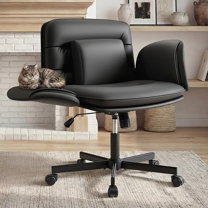 Furmax Vanity Chair with Adjustable Armrests, Comfortable Oversized PU Leather Criss Cross Chair with Wheels, Wide Office Desk Chair for Home, Make Up, Bed Room (Black)