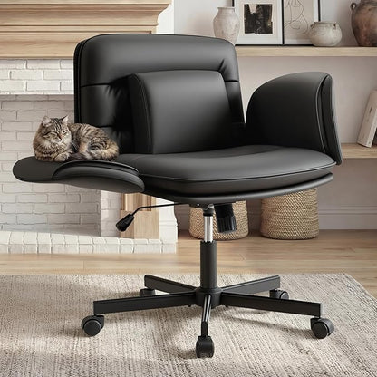 Furmax Vanity Chair with Adjustable Armrests, Comfortable Oversized PU Leather Criss Cross Chair with Wheels, Wide Office Desk Chair for Home, Make Up, Bed Room (Black)