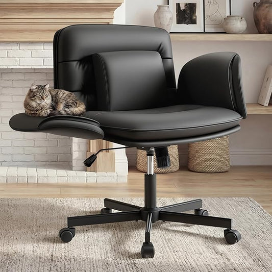 Furmax Vanity Chair with Adjustable Armrests, Comfortable Oversized PU Leather Criss Cross Chair with Wheels, Wide Office Desk Chair for Home, Make Up, Bed Room (Black)