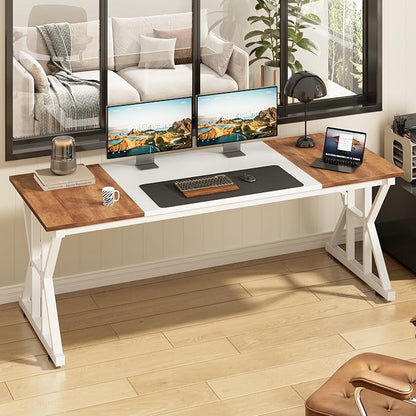 TVU Computer Desk, 63 inch Large Office Desk, Study Writing Table with Thicken Frame, Gaming Desk, Modern Simple Desk for Home Office, Brown/White