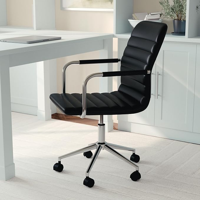 Martha Stewart Taytum Swivel Task Chair with Armrests for Home Office in Black Faux Leather with Polished Nickel Frame