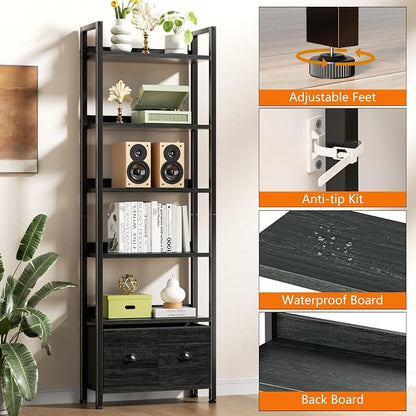 Furologee 6-Tier Bookshelf Set of 2, Tall Bookcase with 2 Drawers and Shelves, Industrial Display Free Standing Shelf Units, Storage Rack Organizer for Bedroom, Living Room, Home Office, Black Oak
