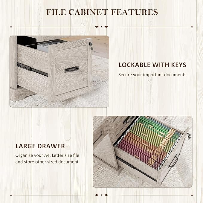 Whalefall 55'' Farmhouse Desk Home Office with Drawers, Light Gray | Executive Computer Desk with File Cabinet and Charging Station, Wooden Small Desk with Locking Drawers Storage