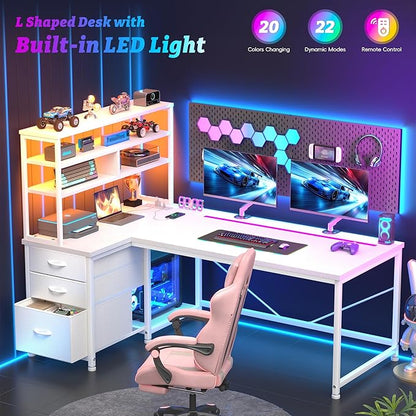 55''L Shaped Desk White Desk with 3 Fabric Drawers & Shelf, 55 Inch Computer Gaming Desk with Remote LED Lights, Power Outlet and PC Stand of Corner Desk for Home Office,Vanity Desk for Bedroom,White