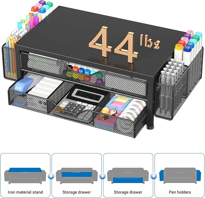 OPNICE Desk Organizer and Accessories, 2-Tier Computer Monitor Stand Riser with Drawer and 2 Pen Holders, Laptop Stand, Office Desk Accessories for Office Supplies, Black Double-Drawer & Dual Pen Holders
