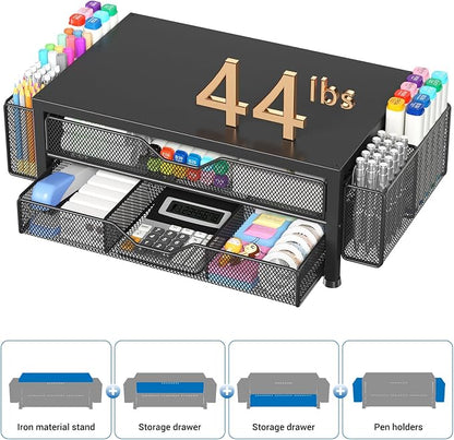 OPNICE Desk Organizer and Accessories, 2-Tier Computer Monitor Stand Riser with Drawer and 2 Pen Holders, Laptop Stand, Office Desk Accessories for Office Supplies, Black Double-Drawer & Dual Pen Holders