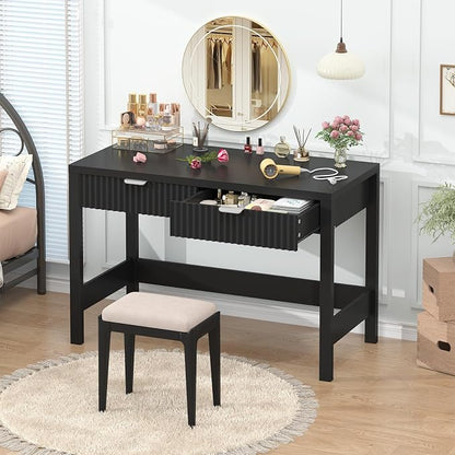 YOMILUVE Fluted Computer Desk with 2 Drawers, 39 Inch Small Computer Desk with Storage, Compact Writing Study Desk for Small Spaces, Black
