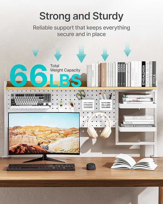 PEGZONE Clamp on Desk Shelf, 44" Desktop Shelving System, White | with Pegboard and Accessories, Desktop Organizer with 2-Tier Shelf, Desk Pegboard for Gaming Office