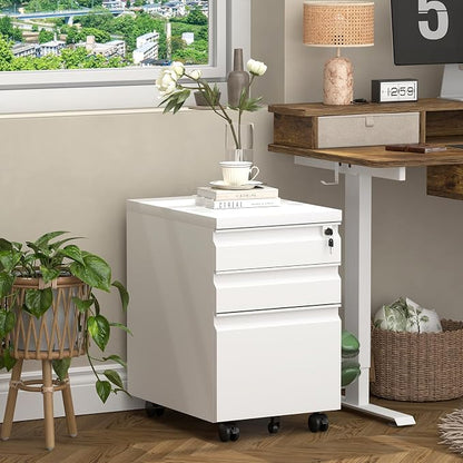 3 Drawer File Cabinet, Metal Printer Stand with Roling Caster, Under Desk Storage for Home Office, File Cabinet with Lock, No Assembly Required, White