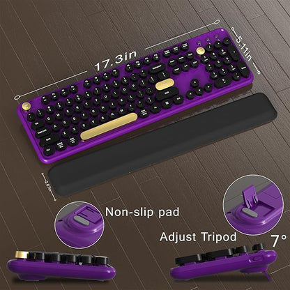 MPTOG Colorful Wireless Computer Keyboard and Mouse Combo with Round Typewriter Keycaps, Retro Design, Power Switch, Ergonomic Design, 2.4GHz Wireless for Windows, Mac, PC(Black-Purple)