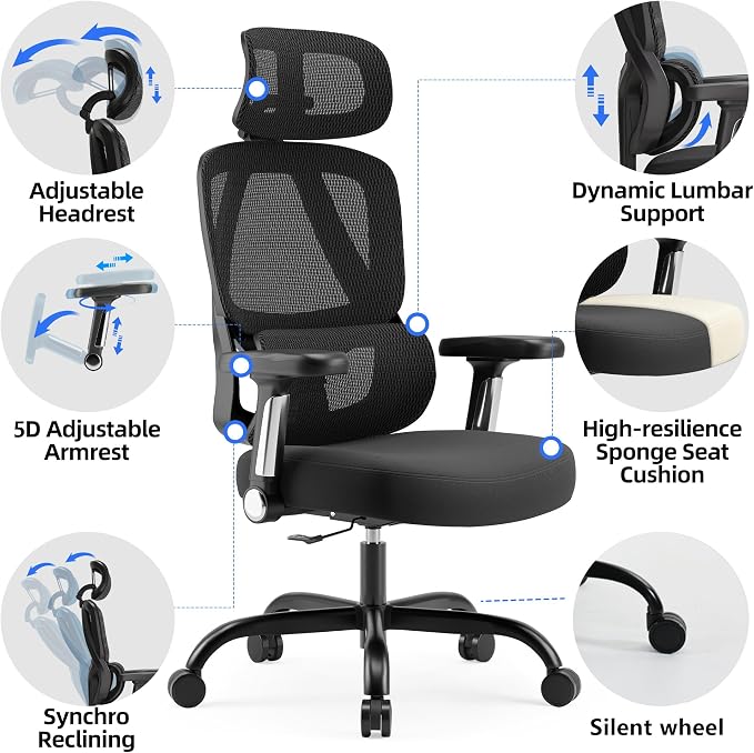 Ergonomic Office Chair, Mesh Back Desk Chair with Cushioned Seat, 3D Adjustable Headrest, 5D Armrests, 2-Level Lumbar Support, 135° Reclining High Back Computer Chair for Home Office
