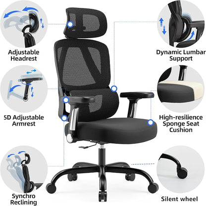 Ergonomic Office Chair, Mesh Back Desk Chair with Cushioned Seat, 3D Adjustable Headrest, 5D Armrests, 2-Level Lumbar Support, 135° Reclining High Back Computer Chair for Home Office