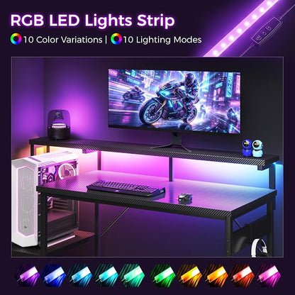 AODK 48 Inch Gaming Desk with LED Lights, Computer Desk with Storage Shelves, Reversible Desk with Monitor Stand, Carbon Fiber Black
