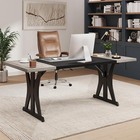 Bestier 70 Inch Large Executive Desk, Modern Simple Computer Office Desk with Thickened Desktop, Wood Metal Conference Room Table for Home Office, Business & Writing, Grey