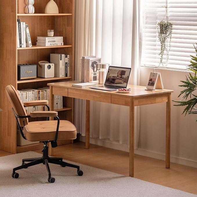 Solid Wood Computer Desk, Mid-Century Modern Home Office Desk with Storage Drawers, Writing Table for Study & Living Room 41.33" W Natural Wood