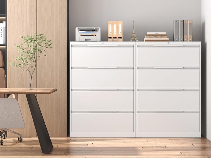 Lateral File Cabinet 4 Drawer, Metal File Cabinet with Lock | Filing Cabinets for Home Office, Black Locking Deep Drawer for Hanging Files Letter/Legal/A4/F4 Size, Assembly Required