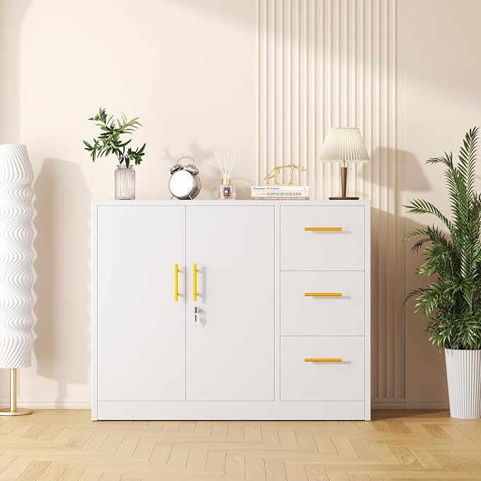 pozdeg Buffet Sideboard Cabinet with Storage, 36.61" H Kitchen Storage Pantry Cabinet with 3 Drawers, Metal Cupboard Coffee Bar Station Table for Kitchen, Living Room, Dining Room (White)