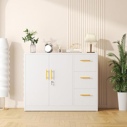 pozdeg Buffet Sideboard Cabinet with Storage, 36.61" H Kitchen Storage Pantry Cabinet with 3 Drawers, Metal Cupboard Coffee Bar Station Table for Kitchen, Living Room, Dining Room (White)