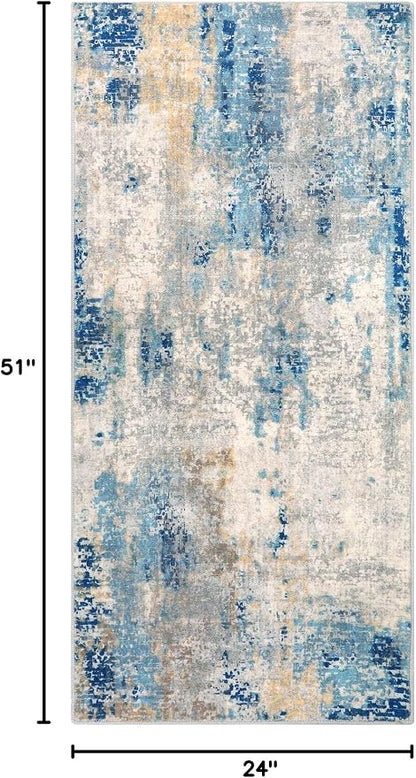 Lahome 2x4 Washable Hallway Runner Rug, Non Slip Runner Rug, Easy Clean Soft Stain Resistant Carpet for Entrance, Front Door, Door-Friendly Mat with Low Pile, 2 x 4 Blue/Ivory