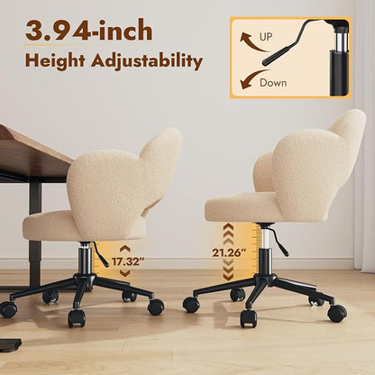 Homkdom Petal Vanity Chair with Wheels, 3.94" Thick Comfy Desk Chair, Swivel Armless Chair with Open Back and Adjustable Height, Ideal for Makeup Study Work and Relaxation, Creamy Beige