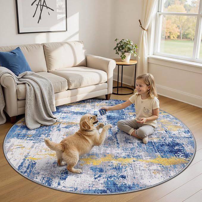 RELEANY Washable Area Rugs 8ft Non-Slip Modern Abstract Soft for Living Room Entryway Bedroom Kitchen, Print Pattern, Grey Blue Gold/Golden