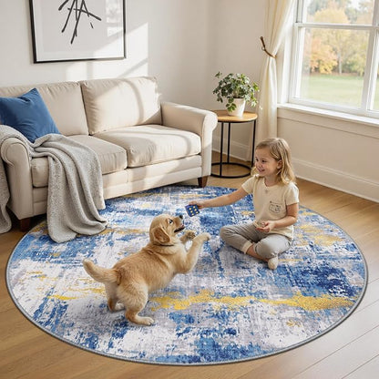 RELEANY Washable Area Rugs 8ft Non-Slip Modern Abstract Soft for Living Room Entryway Bedroom Kitchen, Print Pattern, Grey Blue Gold/Golden