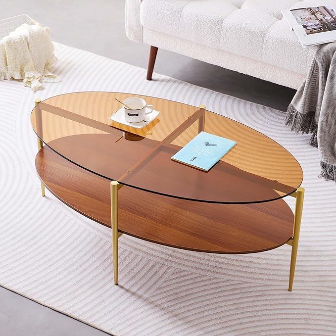 LumFurn Oval Glass Coffee Table, Mid-Century Modern Design, L43 x W22 x H17 inch, 2-Tier Structure, Olive Shaped Amber Glass Top and Walnut Finish Wood Shelf, Tapered Legs with Gold Finish Frame