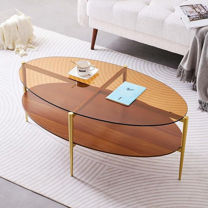 LumFurn Oval Glass Coffee Table, Mid-Century Modern Design, L43 x W22 x H17 inch, 2-Tier Structure, Olive Shaped Amber Glass Top and Walnut Finish Wood Shelf, Tapered Legs with Gold Finish Frame