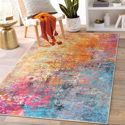 Lahome Modern Abstract Area Rug - 3x5 Washable Kitchen Rugs Colorful Bedroom Rug Non Slip Entryway Rugs, Rainbow Contemporary Indoor Floor Accent Carpet for Kitchen Sink Living Bathroom Doorway
