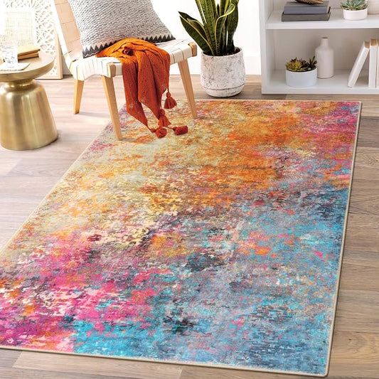 Lahome Modern Abstract Area Rug - 3x5 Washable Kitchen Rugs Colorful Bedroom Rug Non Slip Entryway Rugs, Rainbow Contemporary Indoor Floor Accent Carpet for Kitchen Sink Living Bathroom Doorway