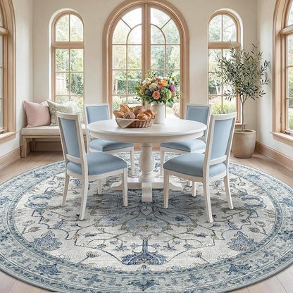 RELEANY Area Rugs Round 10ft Washable Non-Slip, Floral Vintage Distress Medallion Carpet for Living Room Bedroom Dining Room, Light Blue Navy Gray White