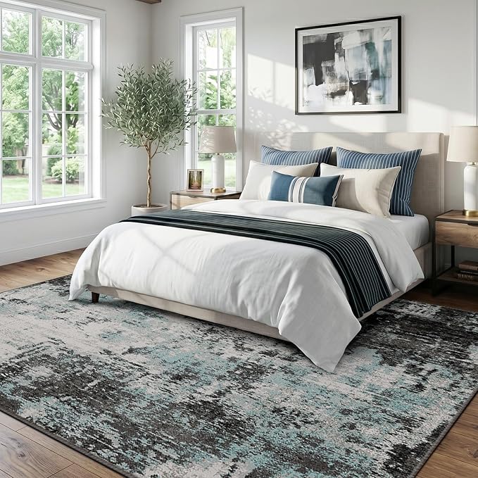 RELEANY Washable Area Rugs 5'x7' Non-Slip Modern Abstract Soft for Living Room Entryway Bedroom Kitchen, Print Pattern, Blue Black Teal