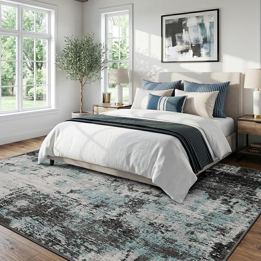 RELEANY Washable Area Rugs 6'x9' Non-Slip Modern Abstract Soft for Living Room Entryway Bedroom Kitchen, Print Pattern, Blue Black Teal