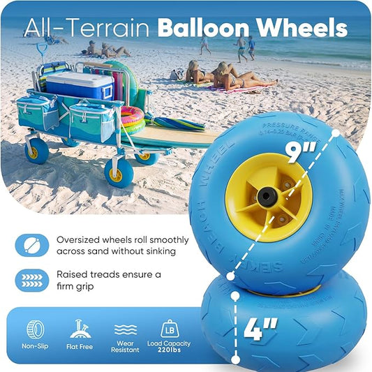 Sekey Heavy Duty Beach Wagon with 9" Big Sand-Proof Wheels, 300L Oversized Foldable Beach Cart with Cooler| Adjustable Handle & Balloon Tires for Sand, Camping,Vacation