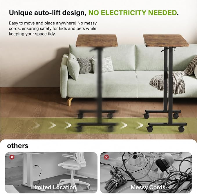 Standing Desk for Walking Pad with Wheels, Pneumatic Cordless Height Adjustable Rolling Desk, Computer Workstation with Drawer Hook Locking Casters for Treadmill Home Office, Dark Wood