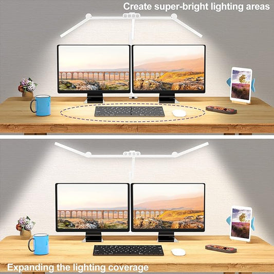 Micomlan Led Desk Lamp for Home Office, White Architect Desk Lamp with Clamp for Crafting, 24W Bright Rotatable Led Table Light Stepless Dimming Tempering Wide Computer Light with Atmosphere Lighting