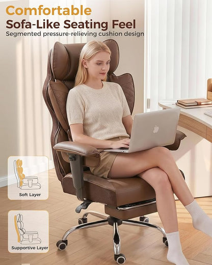COMHOMA Big and Tall Office Chair Heavy Duty Gaming Chair with Deluxe Embossing Leather High Back Wider Ergonomic Computer Chair with Foot Rest 150°Reclining Pocket Spring Lumbar Support
