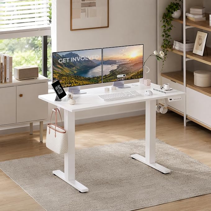 Claiks Electric Standing Desk, 55 x 24 Inch Height Adjustable Sit Stand Desk for Home Office, Computer Desk with Memory Presets, Cable Management & Headphone Hooks, 156 lbs Capacity, White