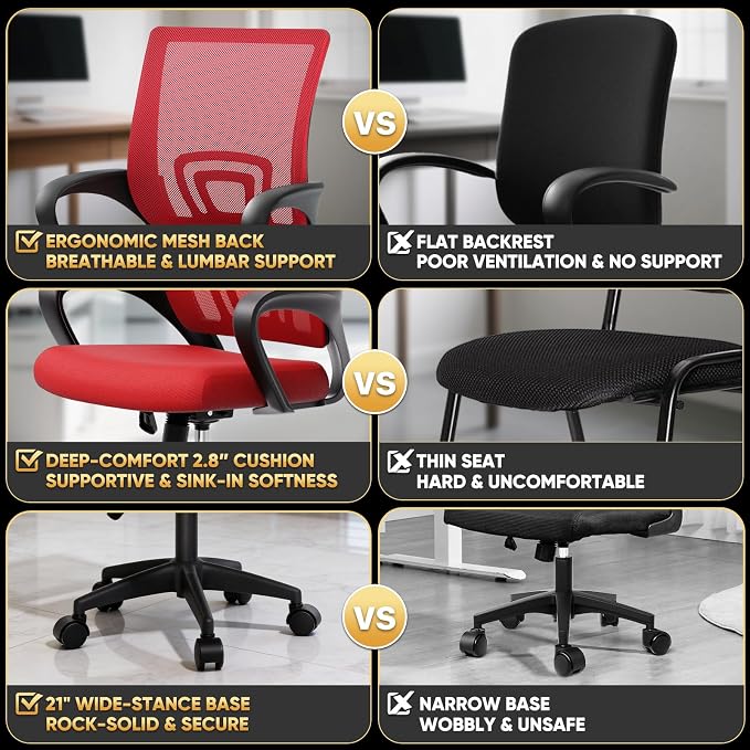 Magshion Ergonomic Office Chair 20 Pack, Mid-Back Mesh Desk Chair, Adjustable Swivel Computer Chair with Lumbar Support & Breathable Backrest for Gaming, Work, Study, 300 Lbs Capacity, Red